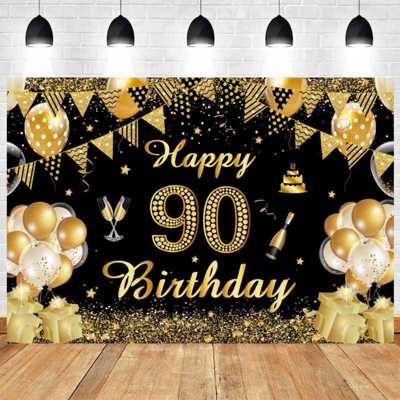 90th Birthday Party Gold Shiny Backdrop