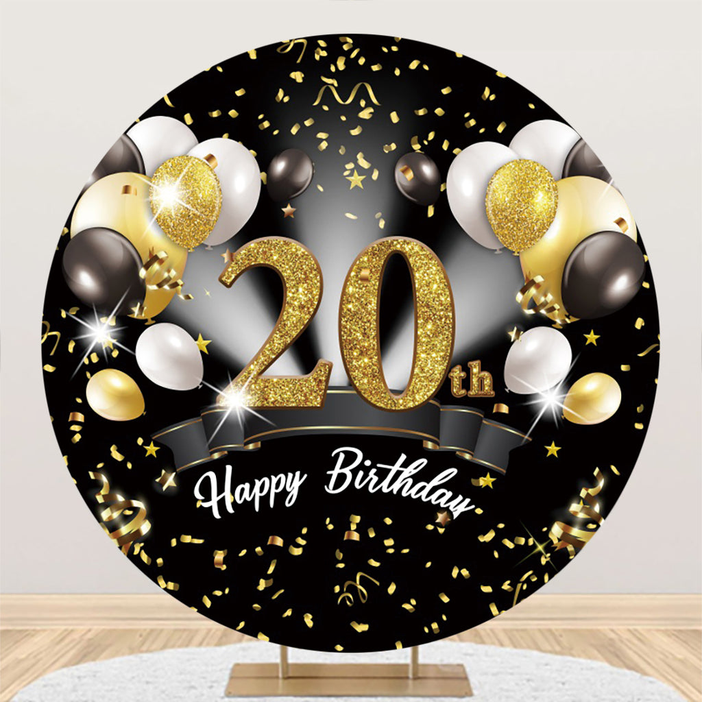 Glitter Birthday Custom Round Backdrop Black With Balloons
