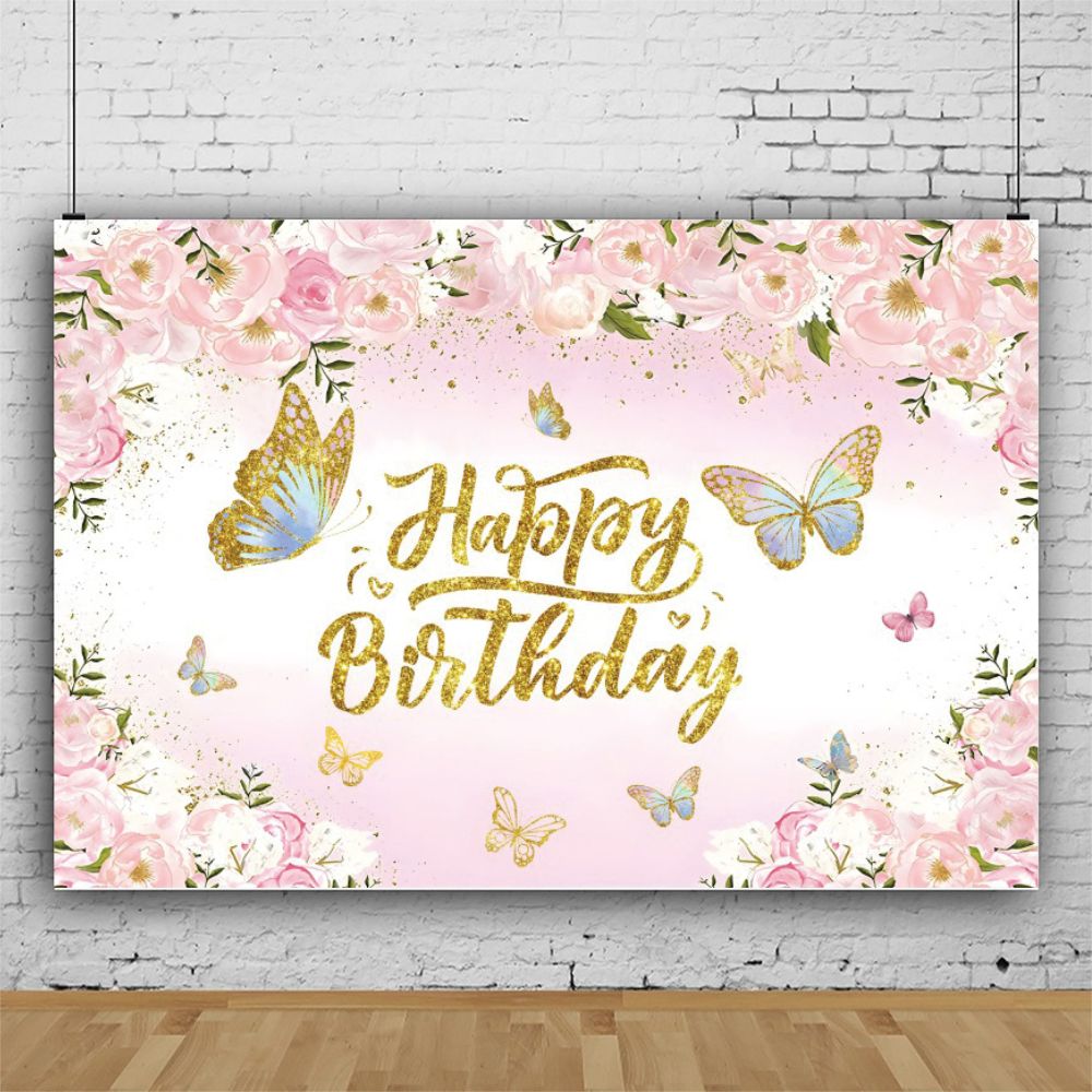 Pink Flower And Butterfly Birthday Party Backdrop