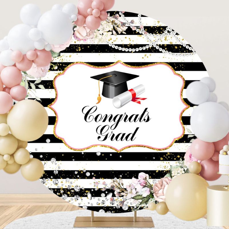 Stripe Black And White Congratulations Graduation Round Backdrop
