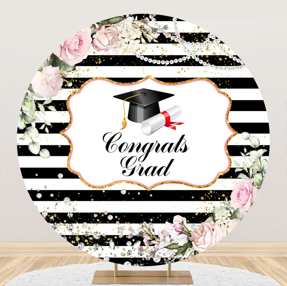 Stripe Black And White Congratulations Graduation Round Backdrop