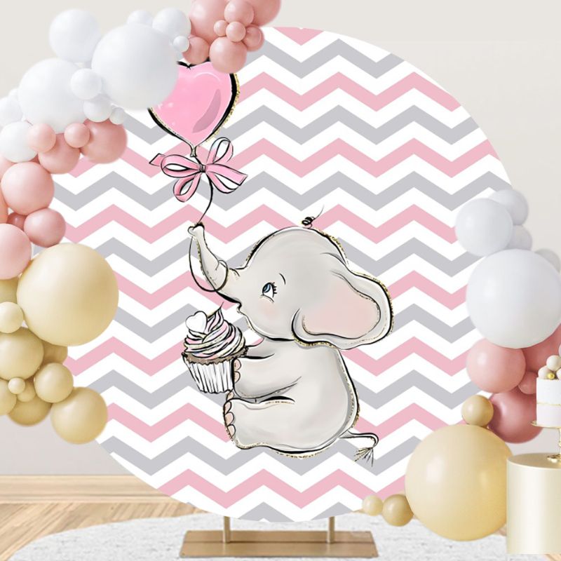 Sweet Wavy Stripes Baby Elephant Round Backdrop Cover